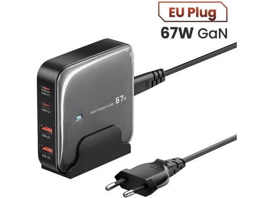TOOCKI 67W 4-Port USB PD Charger 2USB-A+2USB-C PD QC3.0 PPS Fast Charging Desktop Charging Station EU Plug with 1.5M AC Cable for iPhone 16 16 Pro 15 14 13 Pro Max for Huawei Mate XT for Xiaomi 15 pro - Black
